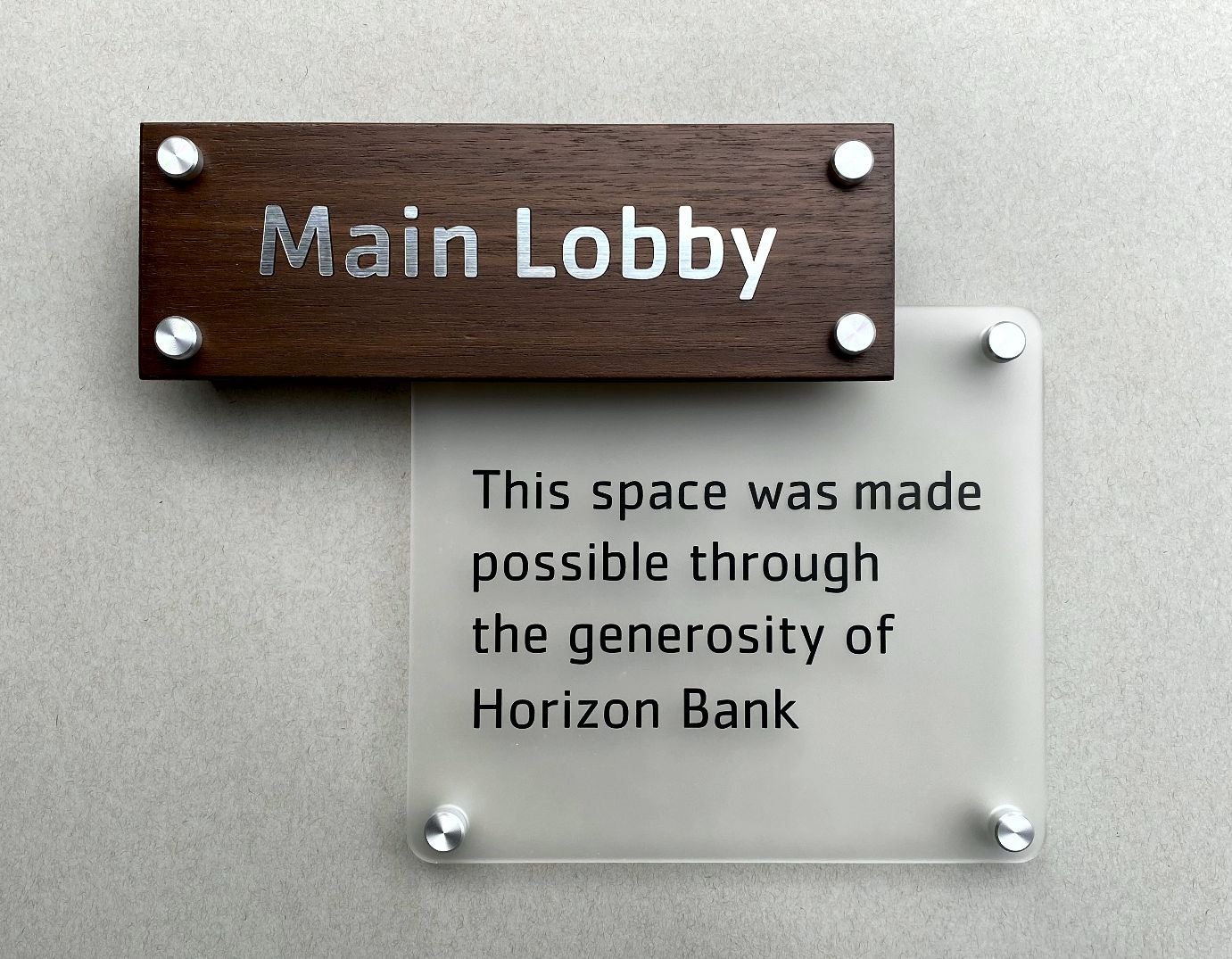 Donor room recognition sign walnut wood with frosted acrylic stand offs