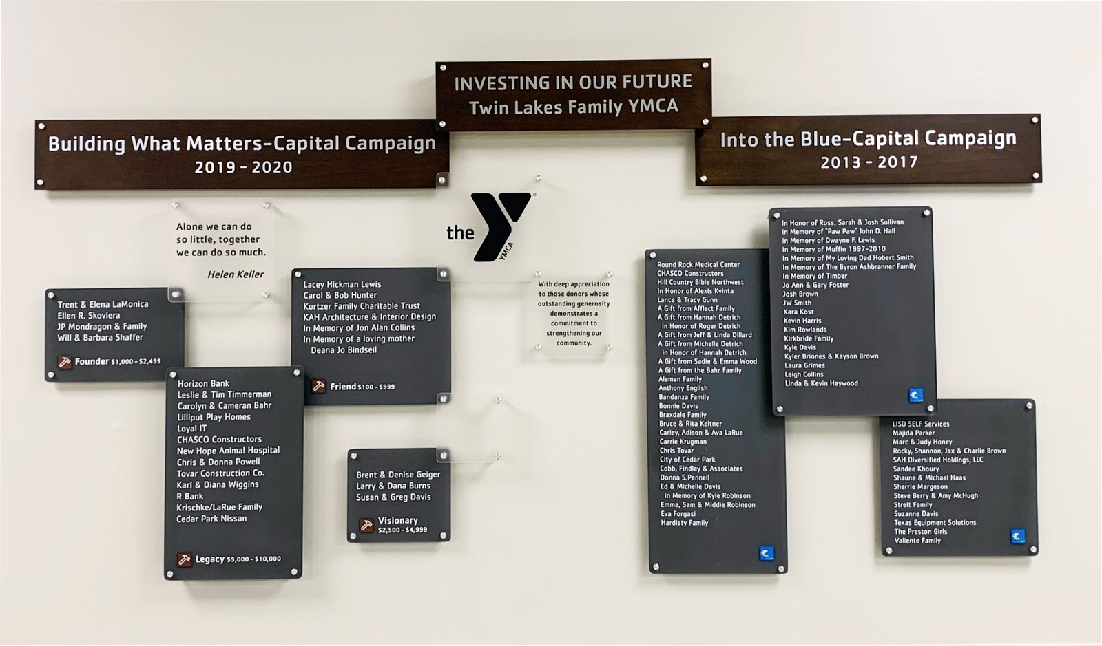Modern modular design donor recognition display wall wood acrylic on stand offs