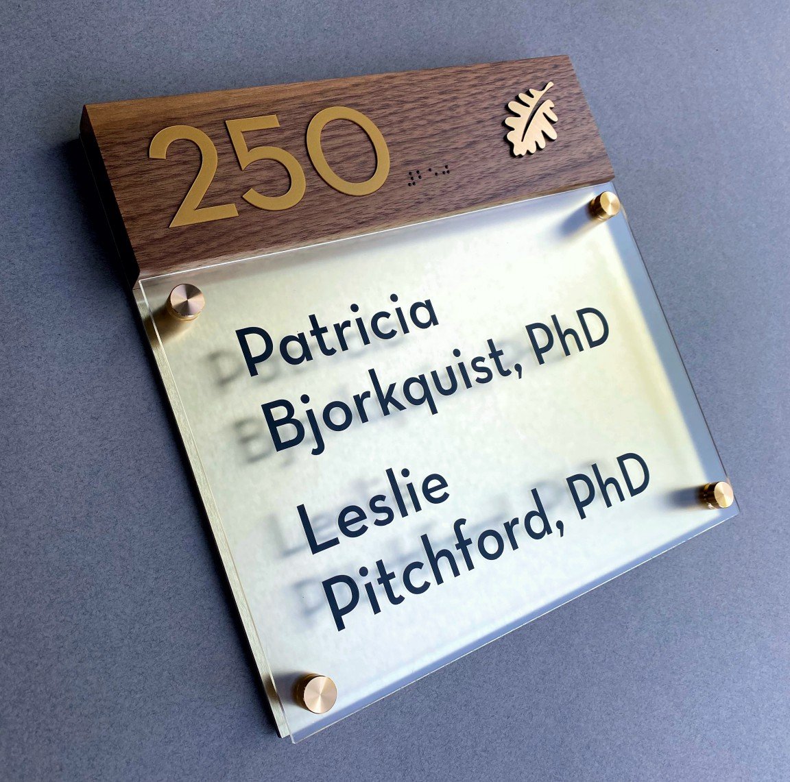 Walnut Wood and gold metal ADA braille room sign