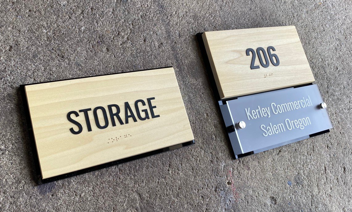 Wood and acrylic ADA braille room sign