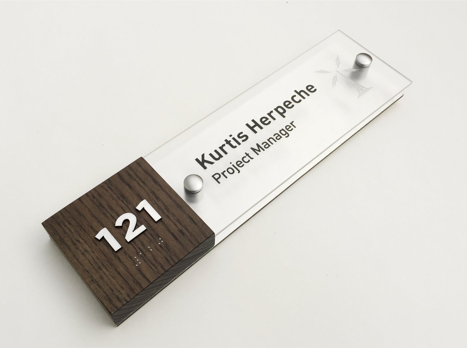 wood with laser etched logo name plate