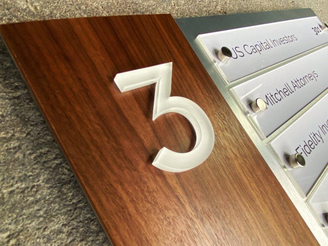 Building Directory walnut wood brushed metal print your own inserts modern design