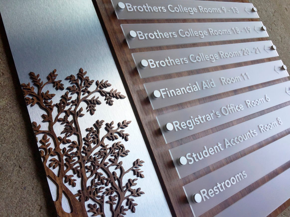 Laser cut Wayfinding building directory Walnut wood and brushed metal