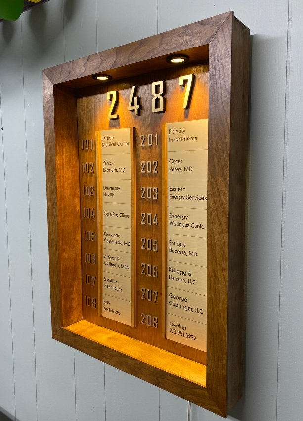 Modern Building Directory wayfinding Mid century look LED lights cherry wood