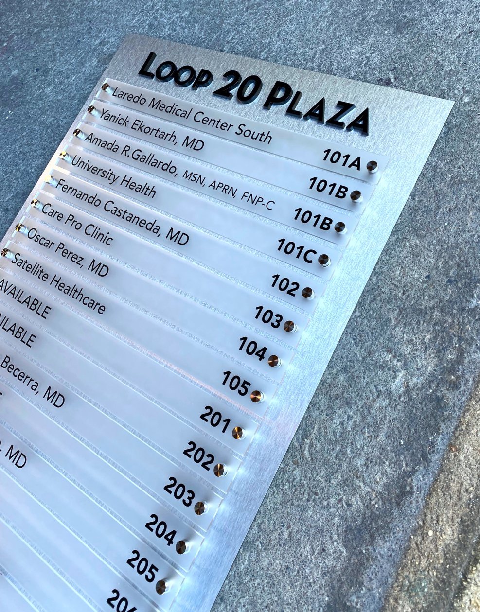 Modern Building directory metal standoffs