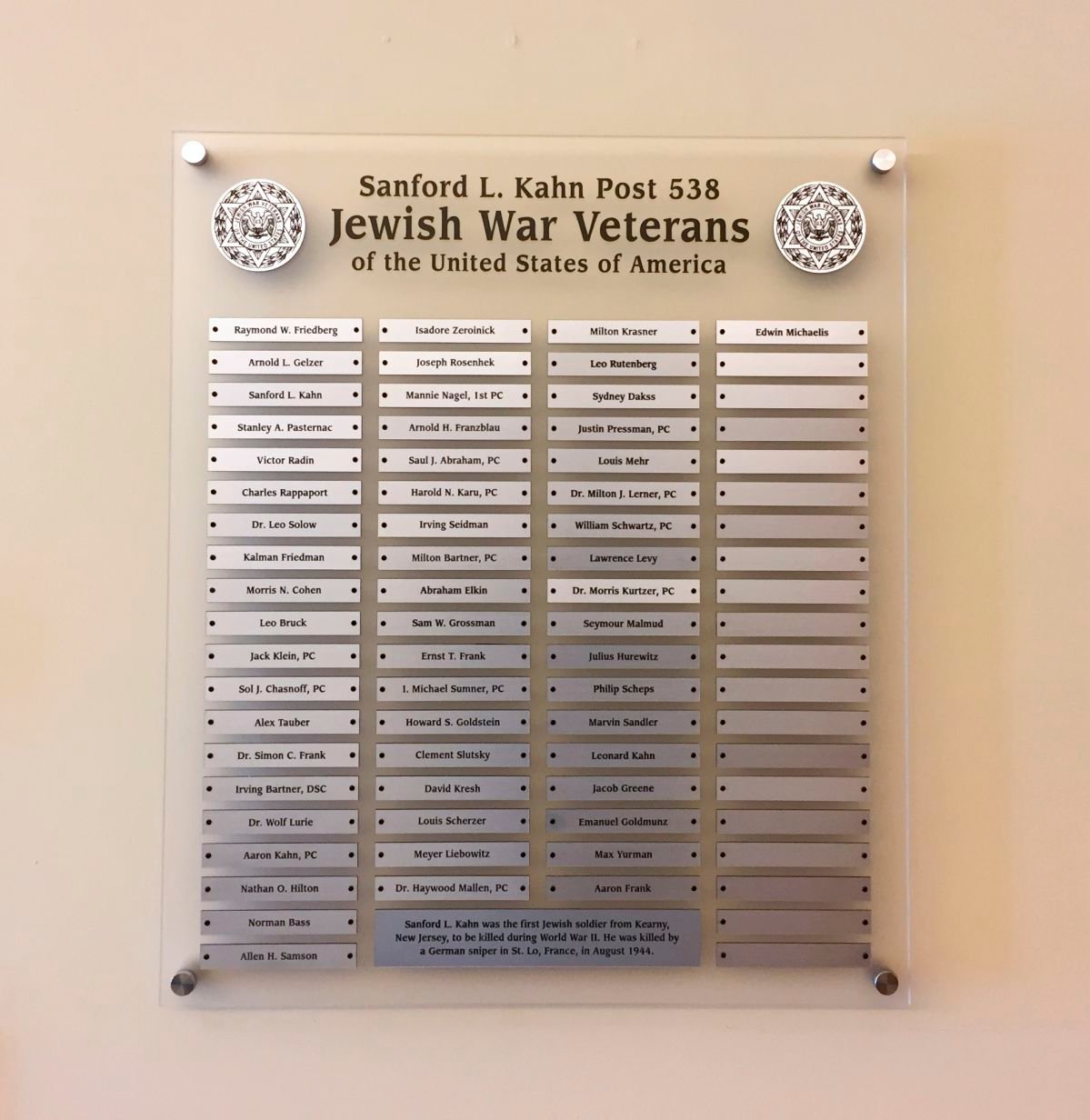 Veterans Dedication Plaque Standoffs Monmouth County