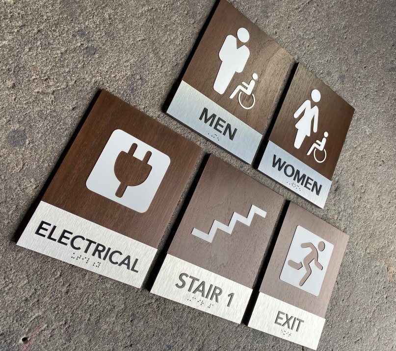ADA Braille building signs walnut wood with brushed metal contemporary