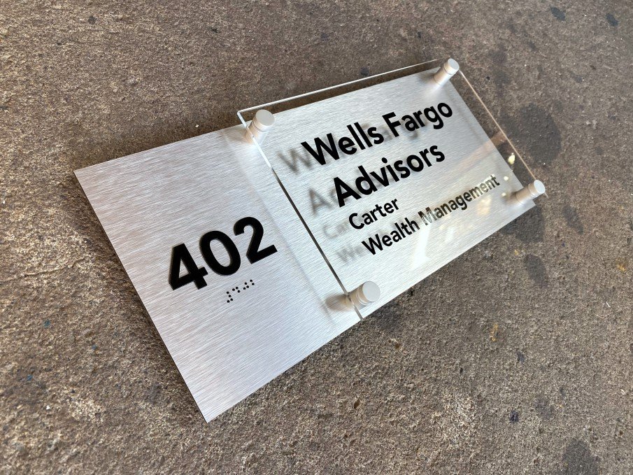 Brushed metal ADA nameplate standoffs