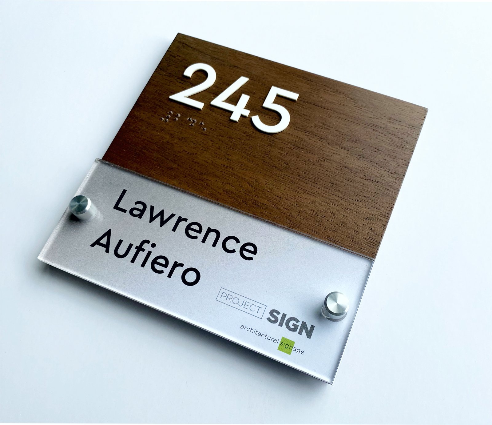 Office nameplate with printable insert ADA braille number in walnut wood