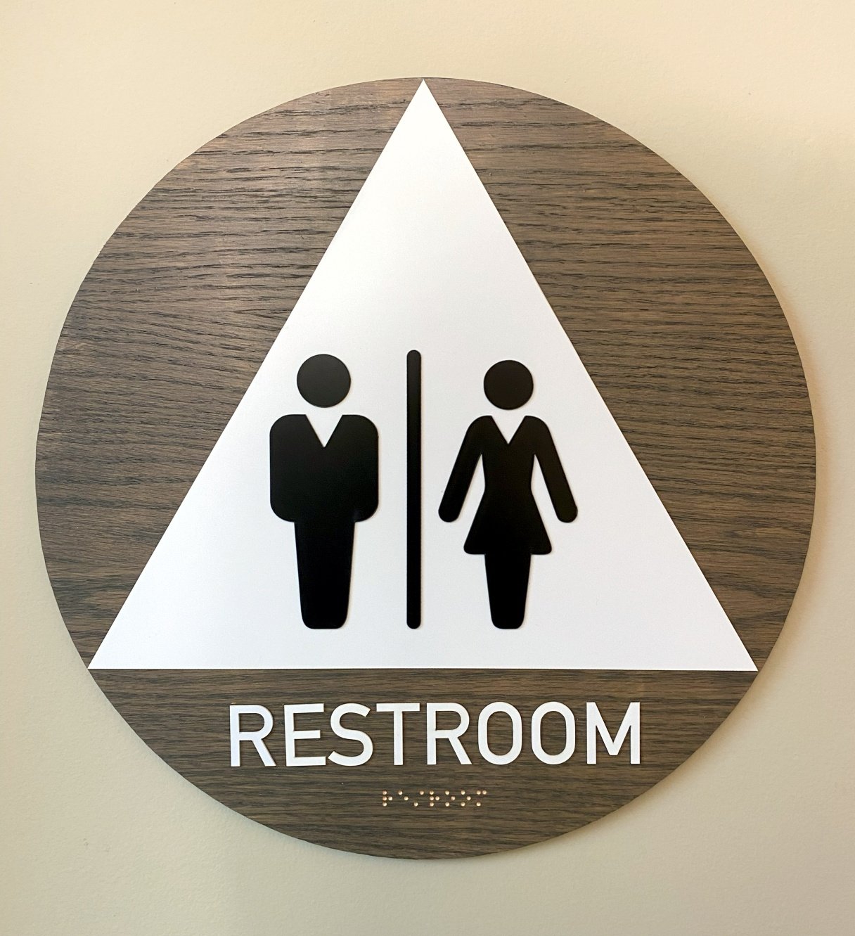Wood stained ADA Restroom sign California compliant