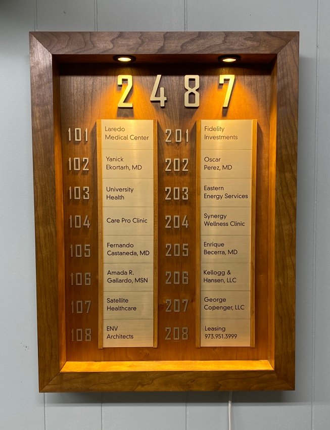 Modern Building Directory Mid century look LED lights cherry wood